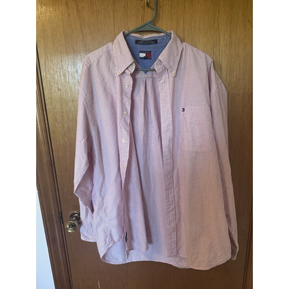 Tommy Hilfiger Men’s Large Red White Stripe Button Down Oxford Shirt Logo Cotton